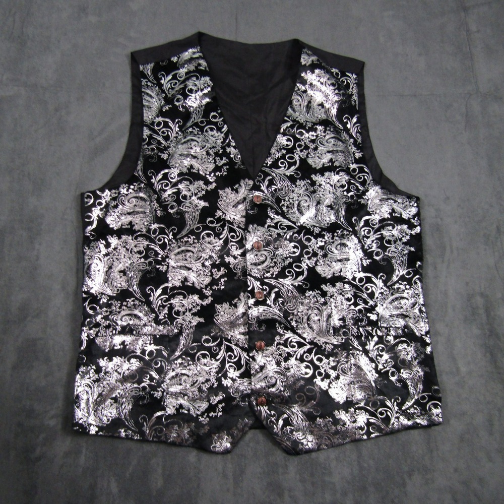 Paisley Vest Mens 5XL Black Silver Metallic Floral Formal Waistcoat Wedding